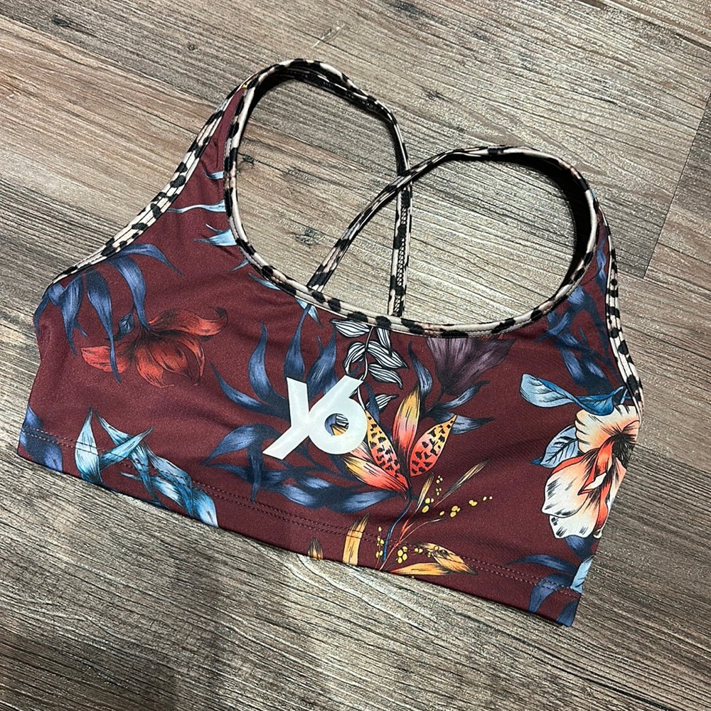 ONZIE Yoga Six Bra in Burgandy and Tropical Print Size S